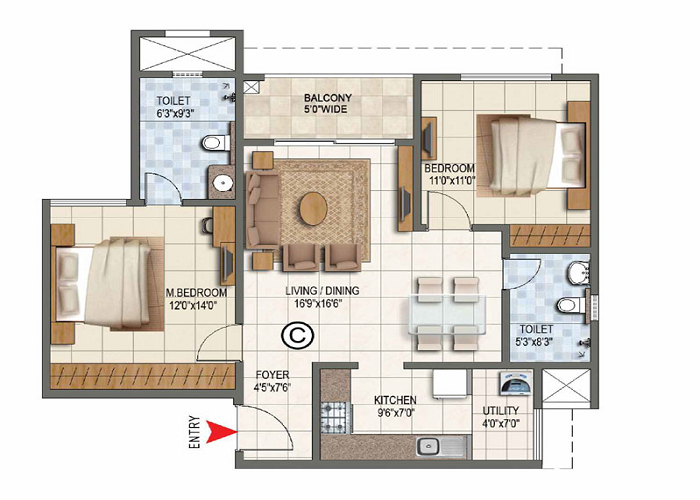 Featured Image of Prestige Bougainvillea Gardens 2 BHK Floor Plan